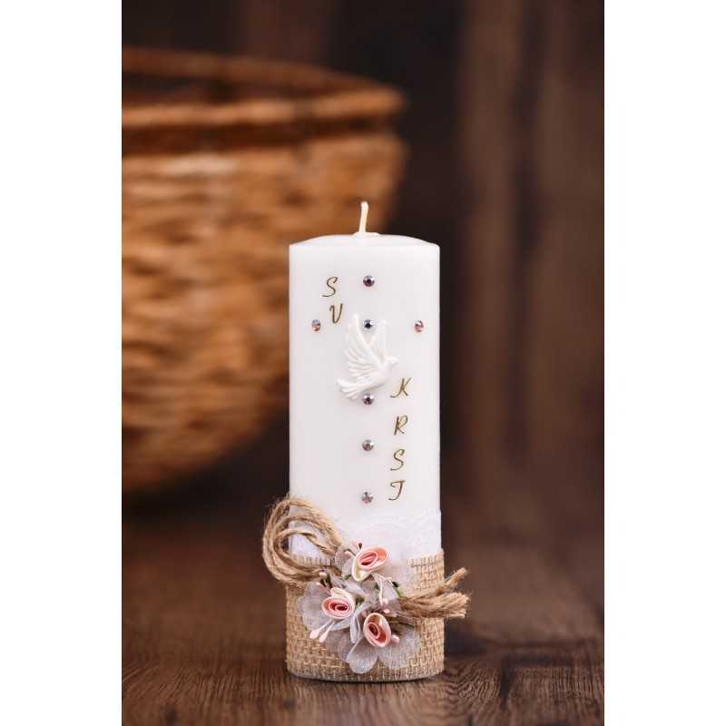 Krstna okrogla mala sveča – Juta z rožicami Krstna okrogla mala sveča – Juta z rožicami