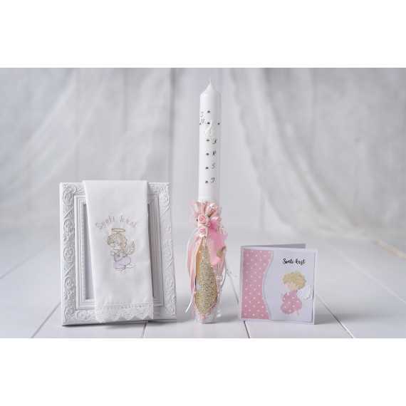 Komplet krstna okrogla sveča zlato usnje + krstni prtiček angel moli + voščilnica