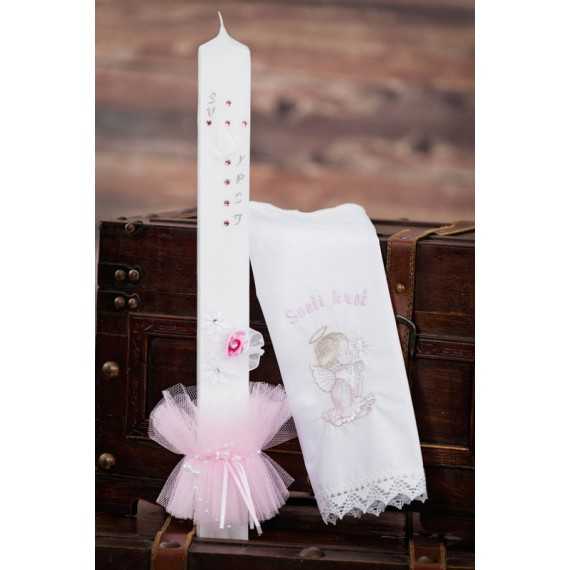 Komplet krstna oglata sveča + krstni prtiček Angel svečka