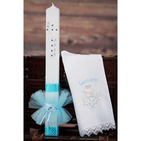Komplet krstna oglata sveča + krstni prtiček Angel kleči z zvezdicami