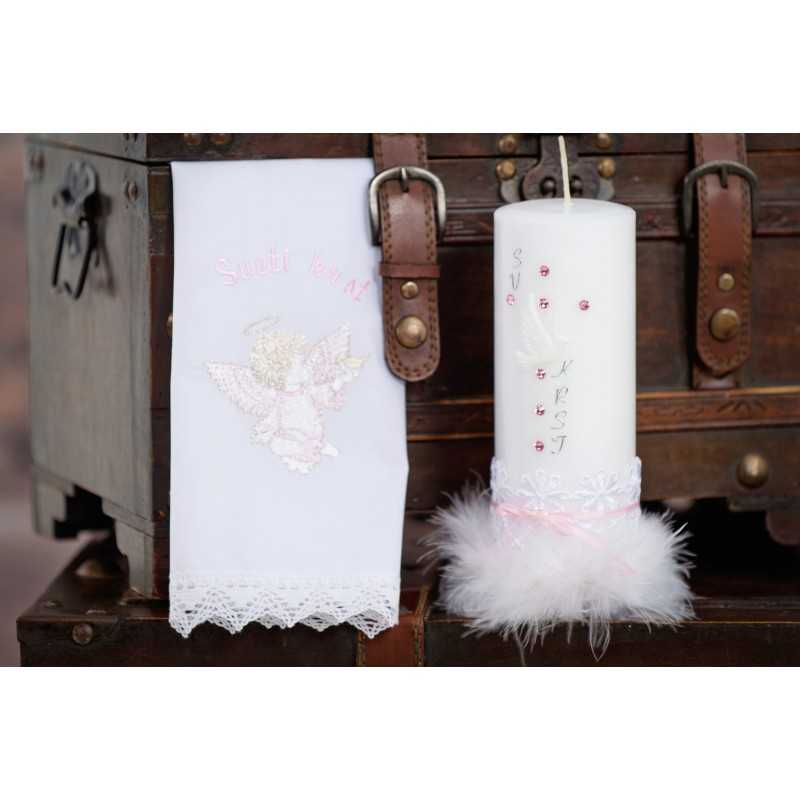 Komplet krstna okrogla mala sveča + krstni prtiček Angel z golobčkom v roki